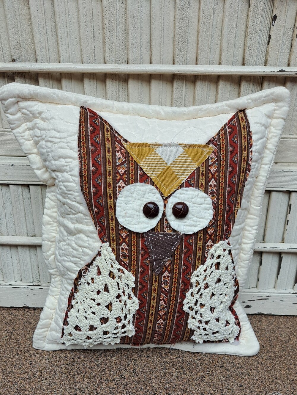 Handmade Owl Patchwork Throw Pillow - Cream & Rust